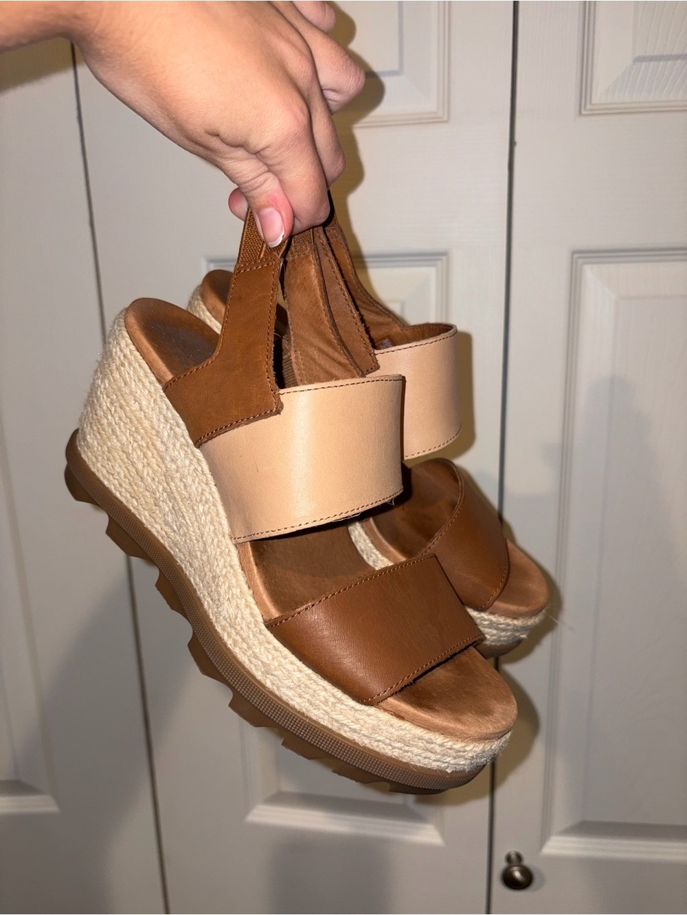 Sorel Two-Tone Brown and Cream Espadrille Wedge Sandals